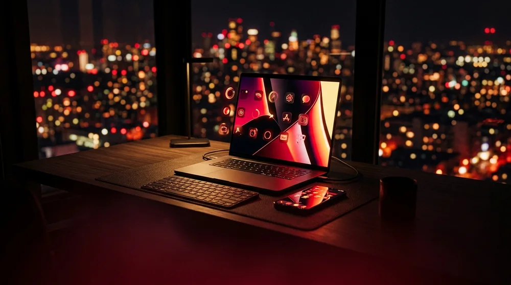 Link vào W88 mobile và PC – laptop và điện thoại trên bàn làm việc ban đêm với ánh đèn thành phố
